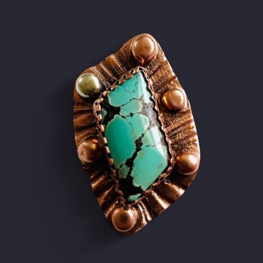 Treasure Mountain Turquoise + Antiqued Copper Metal Stud Ring (8)
